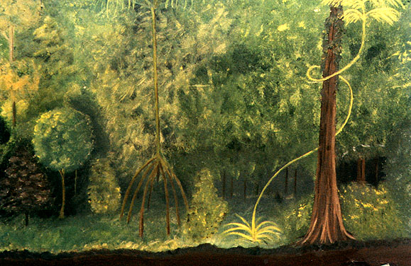 The left hand part of a mural of a rainforest.